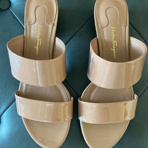 Salvadore Ferragamo Nude Sandals, Size 7.5M in classic nude patent leather